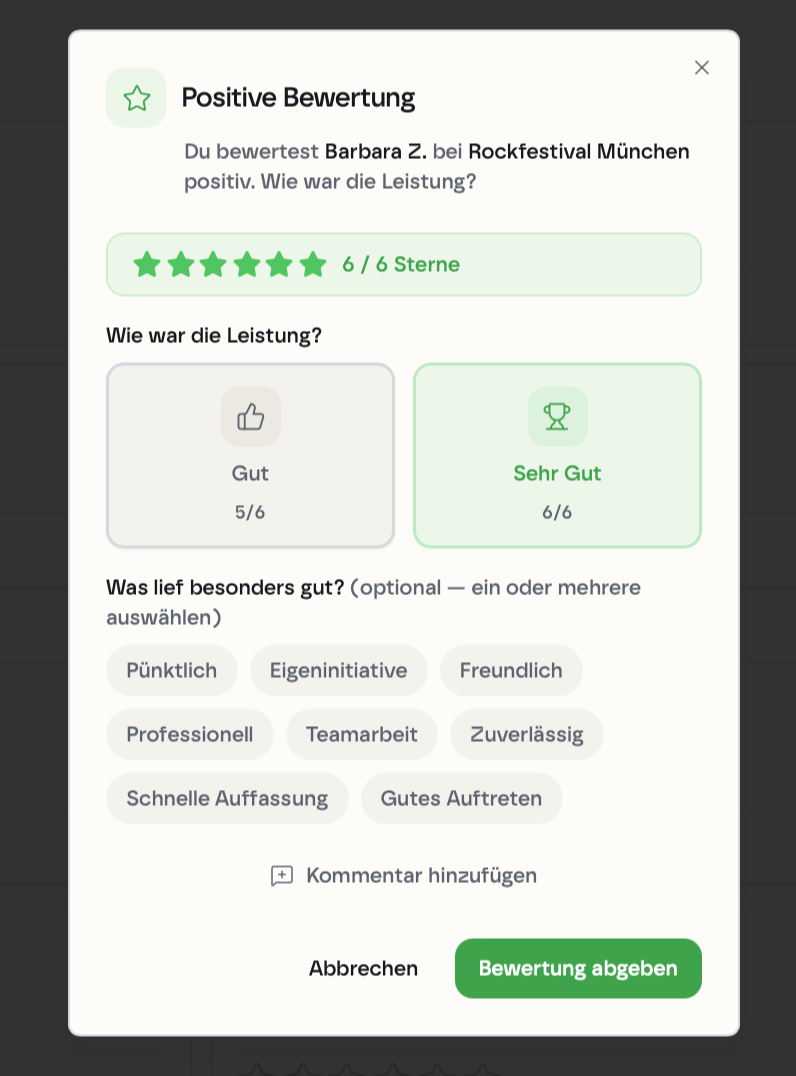 kyoX Positive Bewertung: 6/6 Sterne mit Tags wie Pünktlich, Eigeninitiative, Professionell